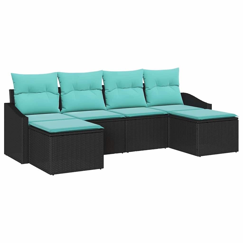 6 Piece Sofa Set with Cushions Black Poly Rattan