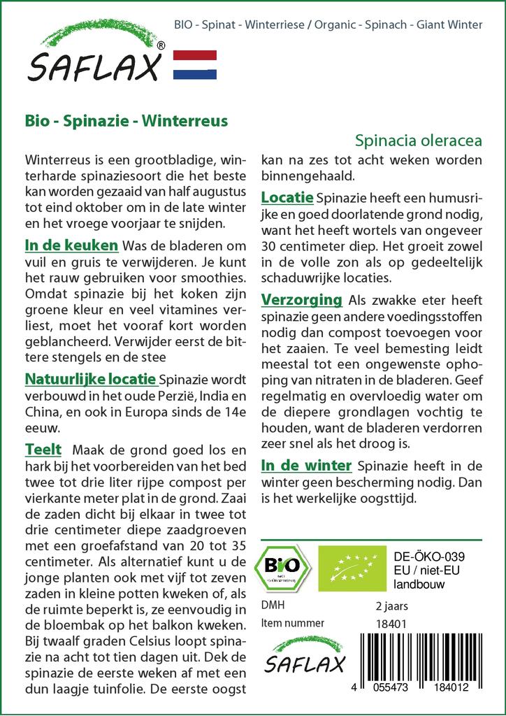 SAFLAX Garden in the Bag - Органический - Шпинат - Giant Winter - 250 семян - С субстратом в подходящем пакете - Spinacia oleracea