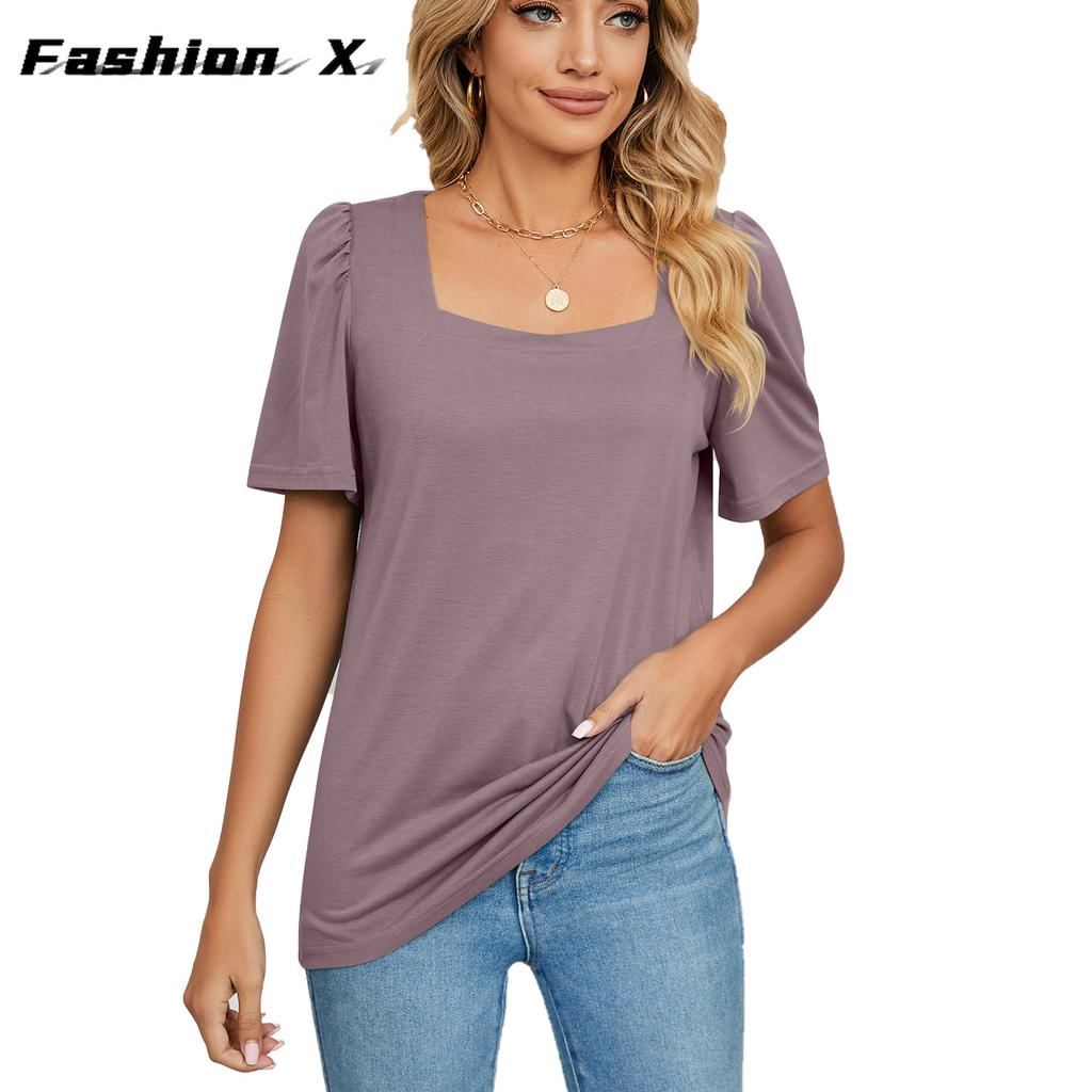 Весенне-летняя новая однотонная свободная футболка с квадратным вырезом и короткими рукавами, вязаные топы женские