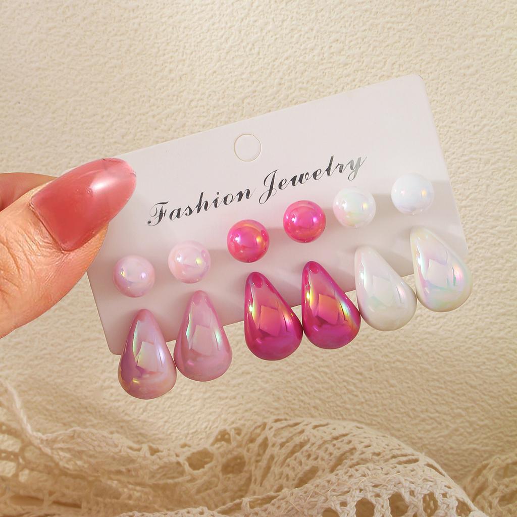 Popular pink water drop earrings set, European and American design stud earrings, versatile earrings, pair