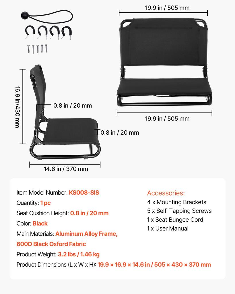 VEVOR Kayak Seat, Folding Kayak Seat with Comfortable Back Support, Aluminum Alloy Frame & 600D Oxford Fabric, Easy Assembly for Paddling