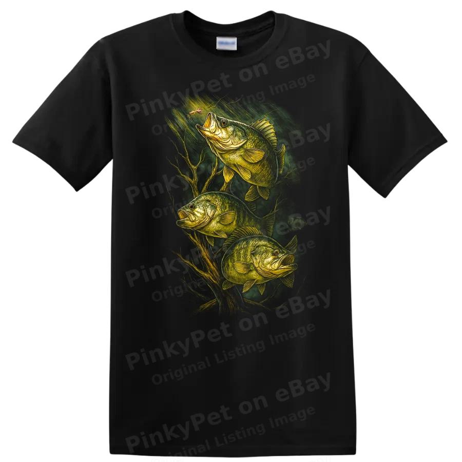 Fishing Bass T Shirt Graphic Art of Three Fish Catching Bait Tee