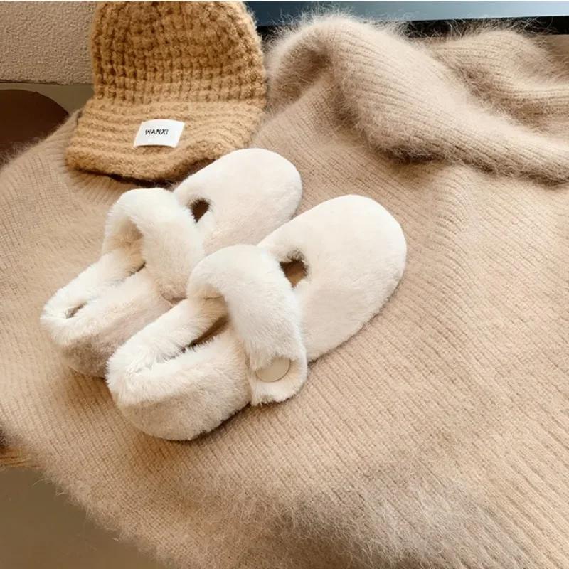 Модные женские туфли осень/зима с прорезным ремнем из плюша 2024 года, новые милые теплые туфли из плюша с круглым носком, женские туфли Мэри Джейн