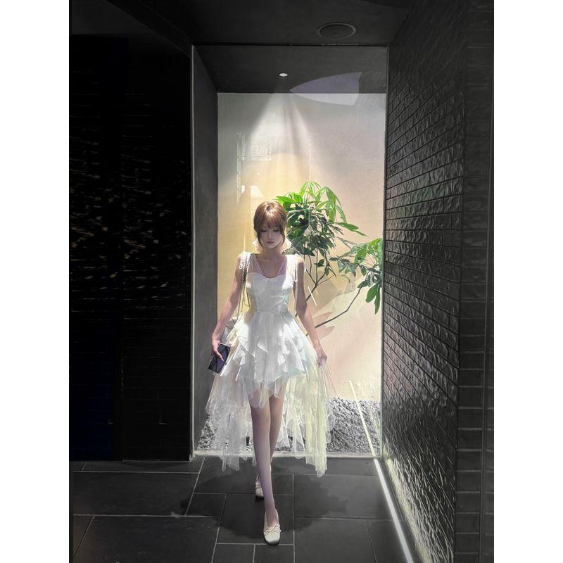 Kumikumi Stylish Mesh Patchwork Vest Dress Women's Summer Temperament Waist-Controlled Pettiskirt A- Line Skirt