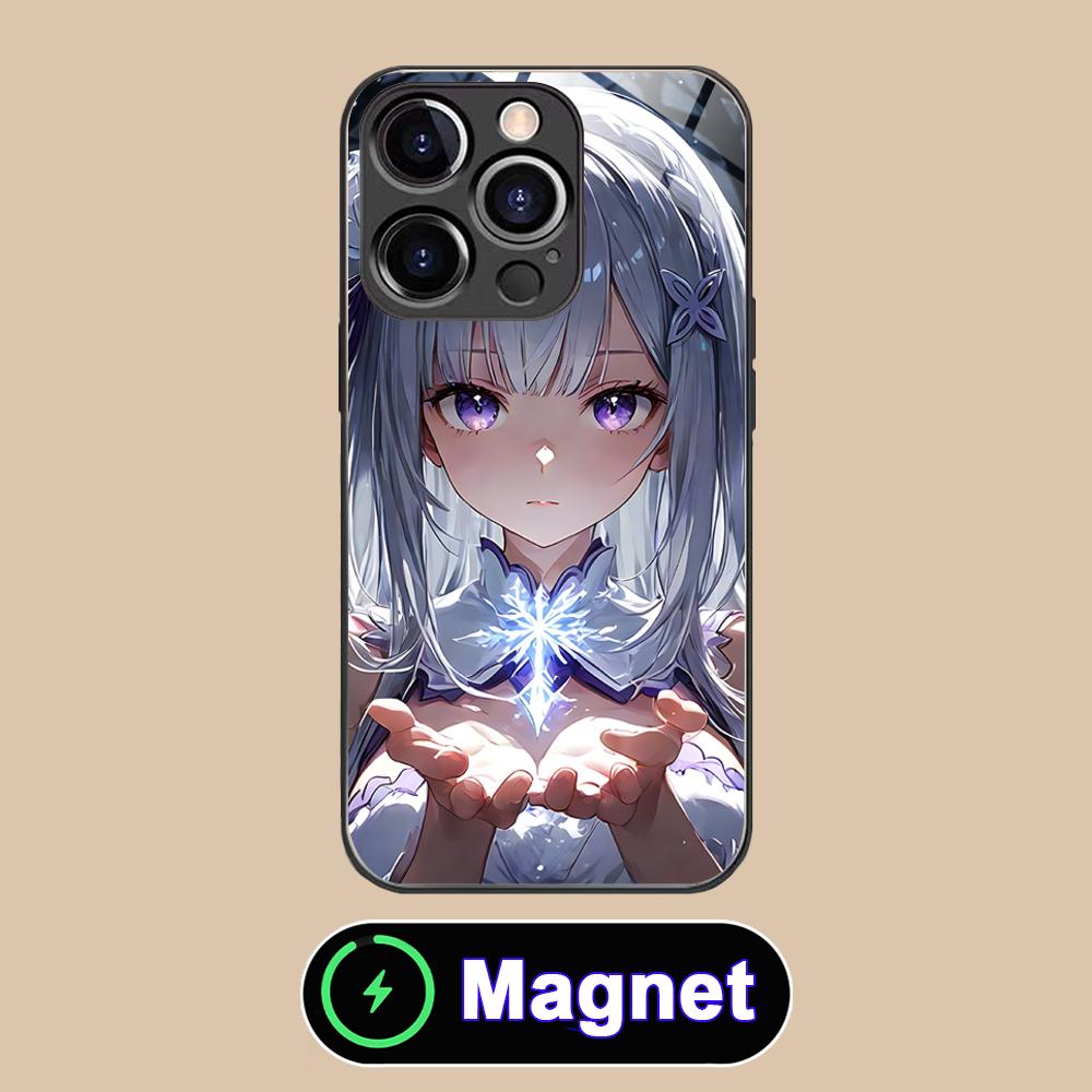 ReZero Emilia Вайфу Стеклянный Чехол для Телефона MagSafe для iPhone 17 16 15 14 13 12 11 Air Pro Max Plus Mini Цветной Чехол