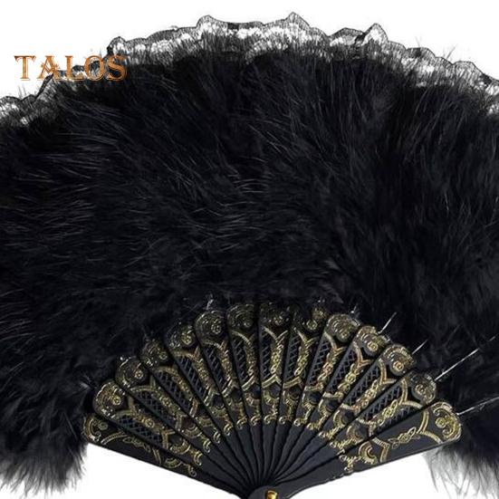 Винтажный складной веер с перьями и кружевом с кисточками, портативный летний ручной веер, украшение для танцевального представления, реквизит для костюмов для вечеринок