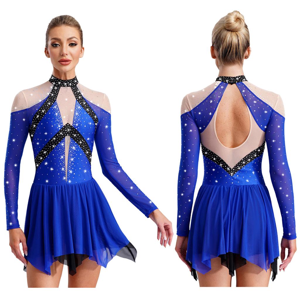Women Figure Skating Performance Costume Sheer Mesh Rhinestones Leotard Dress for Modern Lyrical Dance Gymnastics Acrobatics