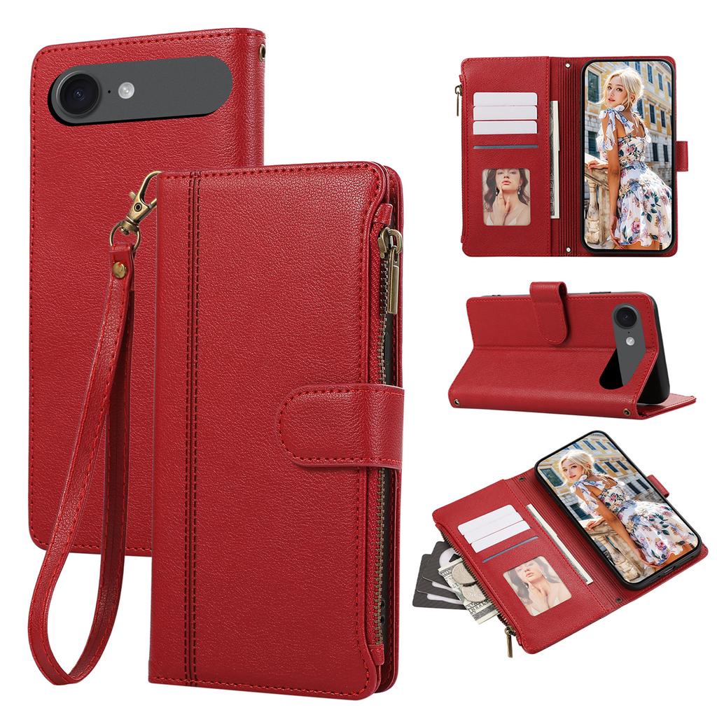 For iPhone 17 Air Case Multi Card Slots Zipper Leather Phone Cover with Wrist Strap