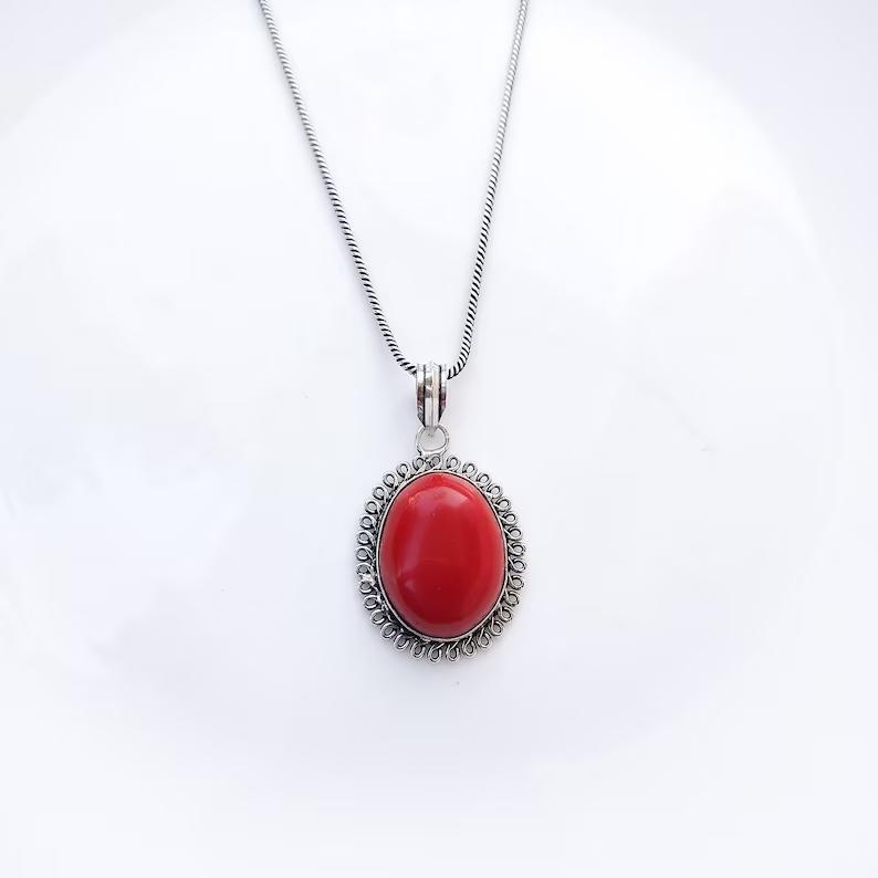 Кулон из натурального красного коралла с драгоценным камнем 925 пробы, серебряный кулон с цепным ожерельем