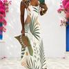 Women Plus Size Scoop Neck Strappy Sleeveless Fruit Leaf Printed A Line Maxi Dress