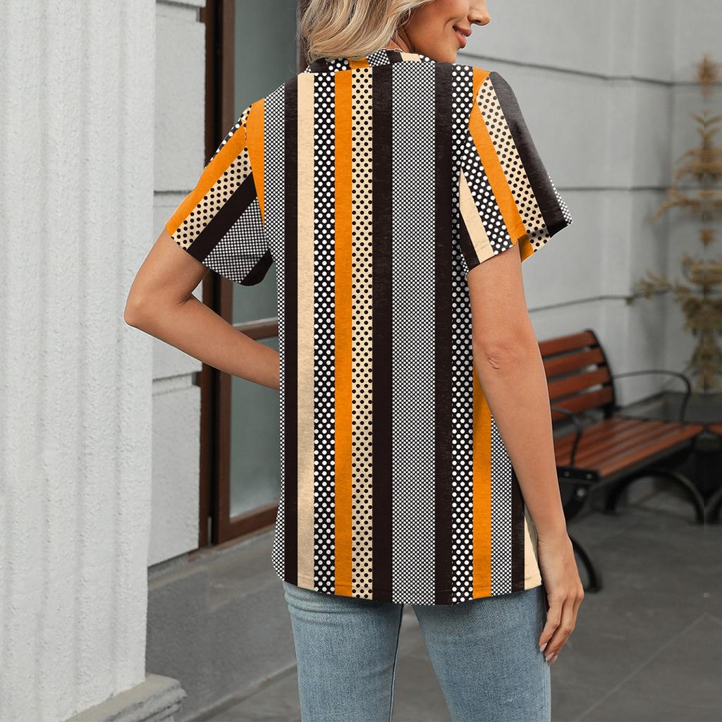 Women's Fashion V Neck Floral Print Short Sleeved Pullove T-shirt Top