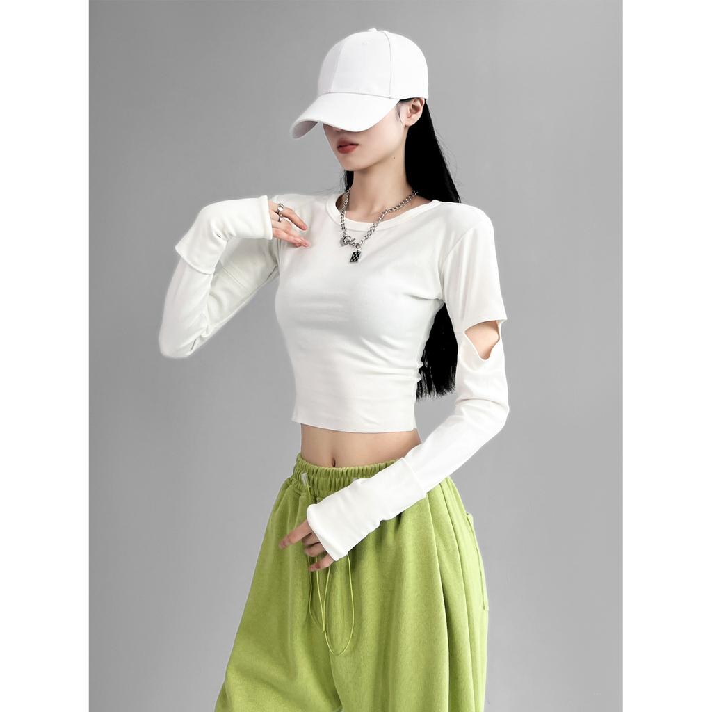 Футболка с длинным рукавом Dynamic Girl Slim Sexy, женская, с круглым вырезом, с открытыми рукавами и высокой талией, короткий топ