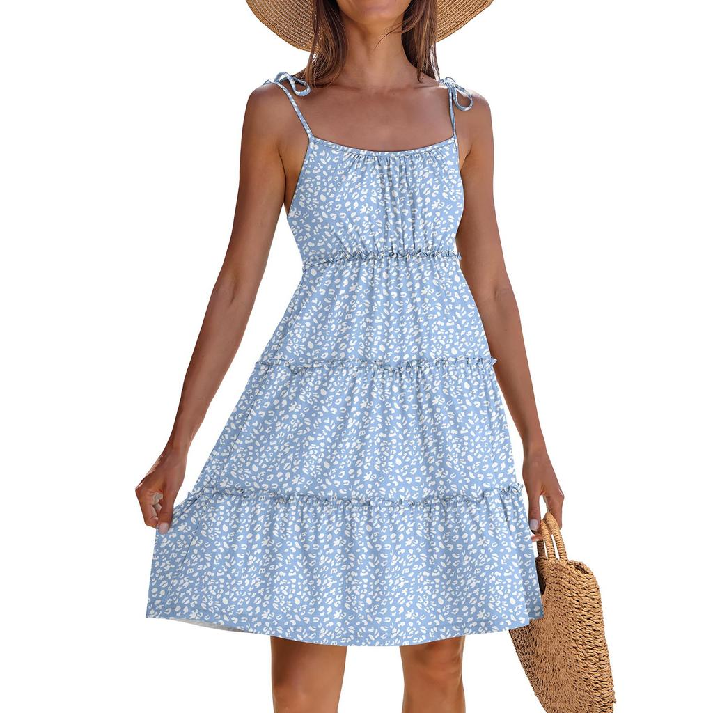 Женское летнее повседневное платье без рукавов на тонких бретельках в стиле бохо с многоярусными оборками, струящееся короткое пляжное платье-сарафан