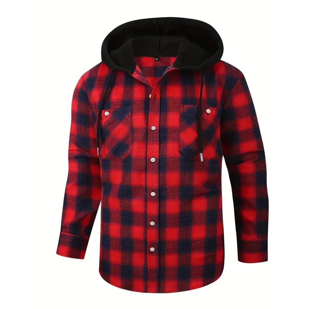 Мужская клетчатая рубашка с длинным рукавом, мужская толстовка с капюшоном и карманами на пуговицах
