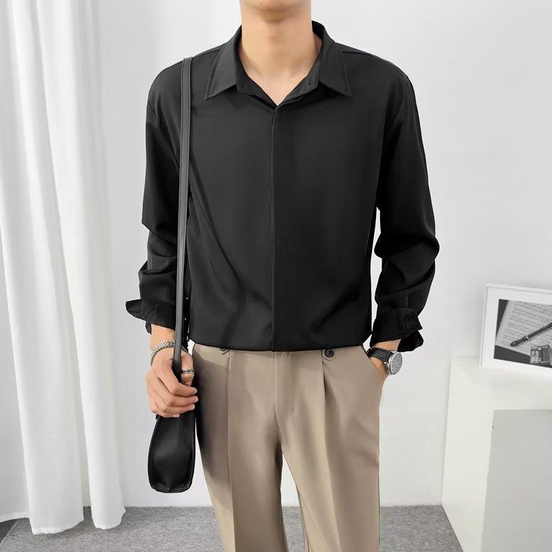 High-end Solid Color Shirt for Men Long-sleeved Spring Ice-sensing Shirt Korean Style Trendy Handsome Top Men
