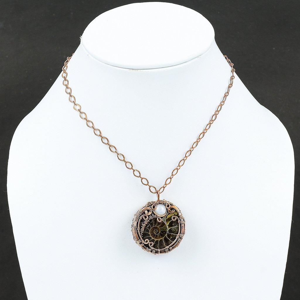 Ammonite Fossil Copper Pendant Copper Wire Wrapped Pendant Rainbow Moonstone Jewelry Handmade Pendant For Gift Labradorite Gemstone Jewelry