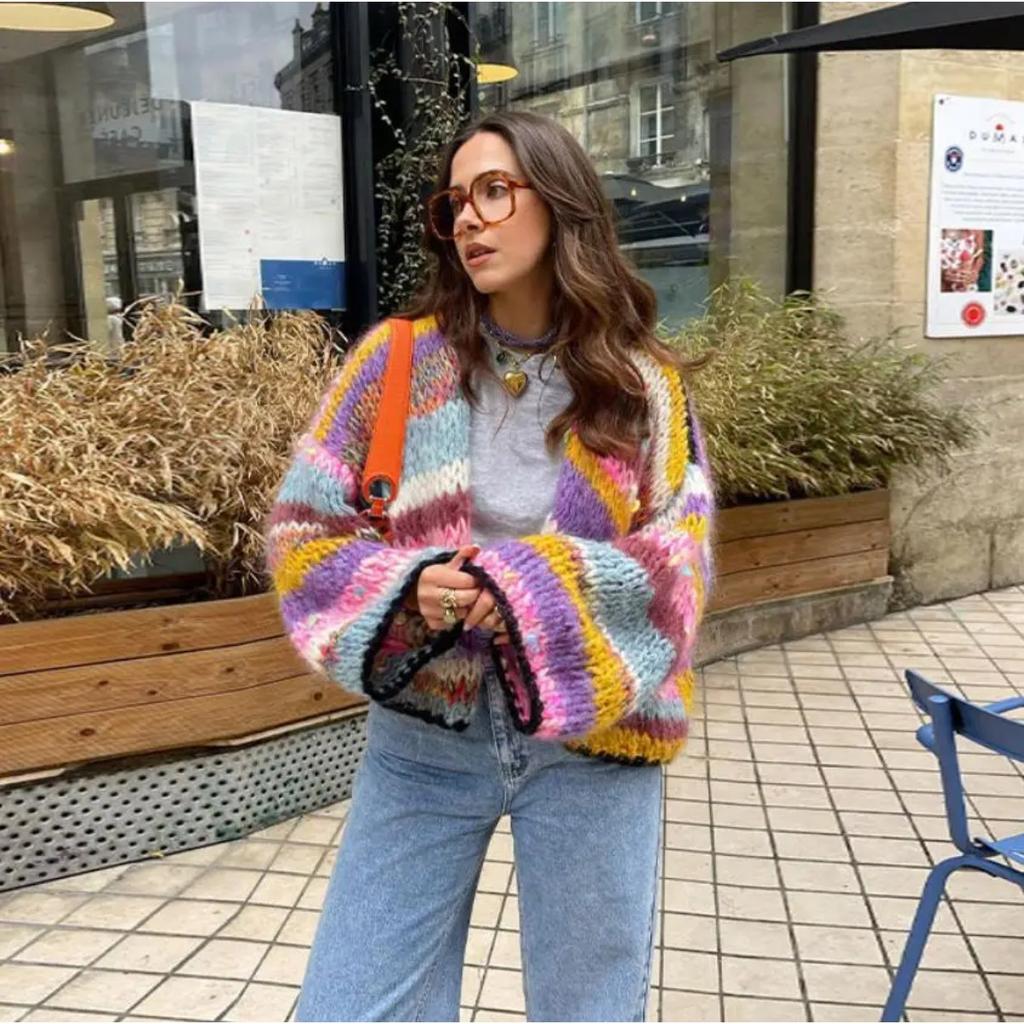 Women Cardigan Sweater Colorful Striped Knitted Coats Long Sleeve Knitwear Jackets Fall Winter Casual Versatile Cardigan