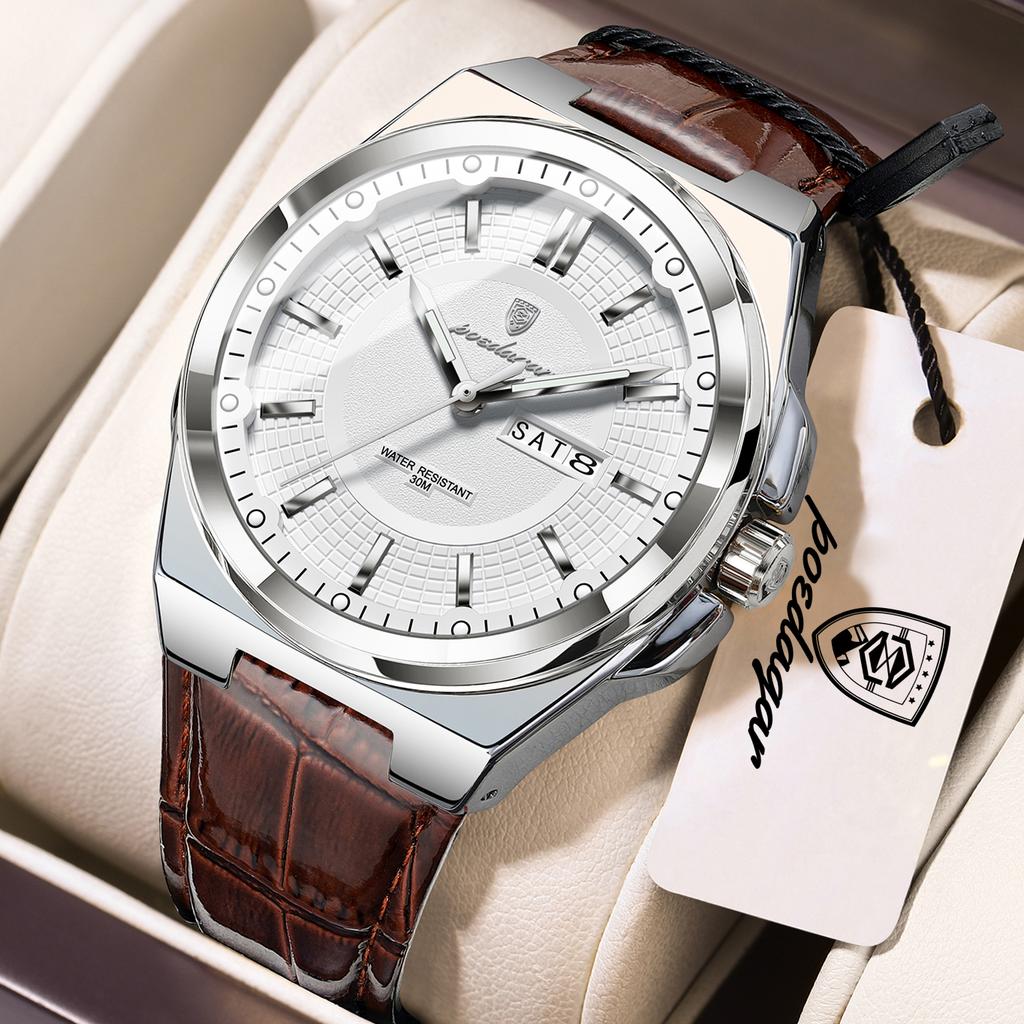POEDAGAR Fashion Man Wristwatch Waterproof Luminous Date Week Business Quartz Men's Watches Leather Sport Men Clock Reloj Hombre