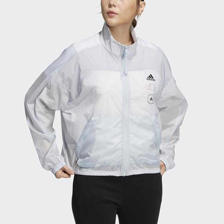 adidas Спортивная куртка с воротником-стойкой и застежкой-молнией, длинный рукав, женская верхняя одежда, светло-серый цвет HA3638