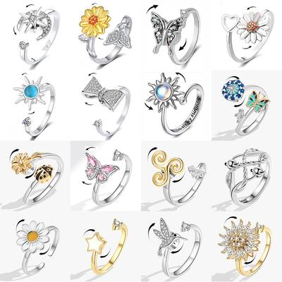 Anxiety Relaxing Women Ring Multiple Crystal Butterfly Birds Animal Rings Sunflower Anti Stress Wedding Jewelry
