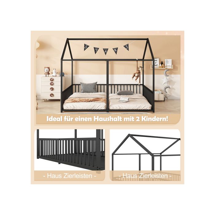 Lit d'enfant - MUVOE - 90x200 cm - Métal noir - Garde-corps sécurisé - Design créatif