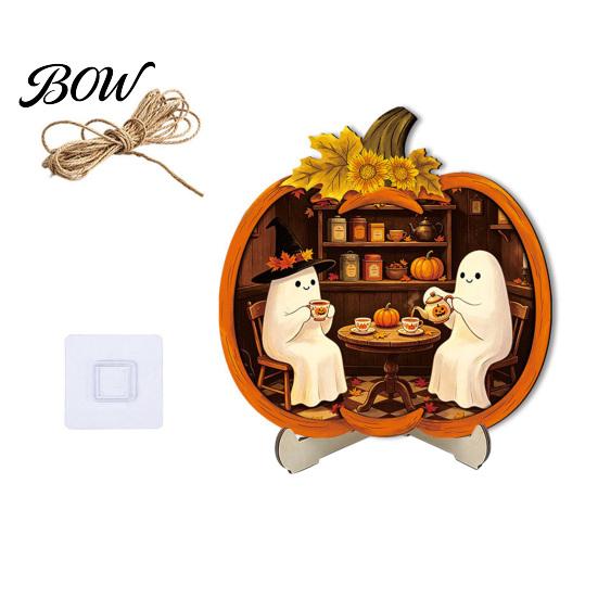 Cool Patterned Ornaments Halloween Door Sign, Glowing Ghost Hanging Decor, Wooden LED Window Festive Theme Ornament for Party, Spooky Wall Pendant