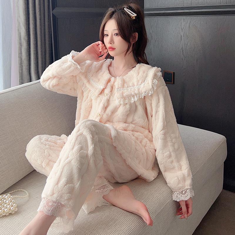 Весна-Осень плюшевая теплая женская пижама с кружевными лацканами, кардиган из 2 предметов, комплект женской милой однотонной пижамы для девочек