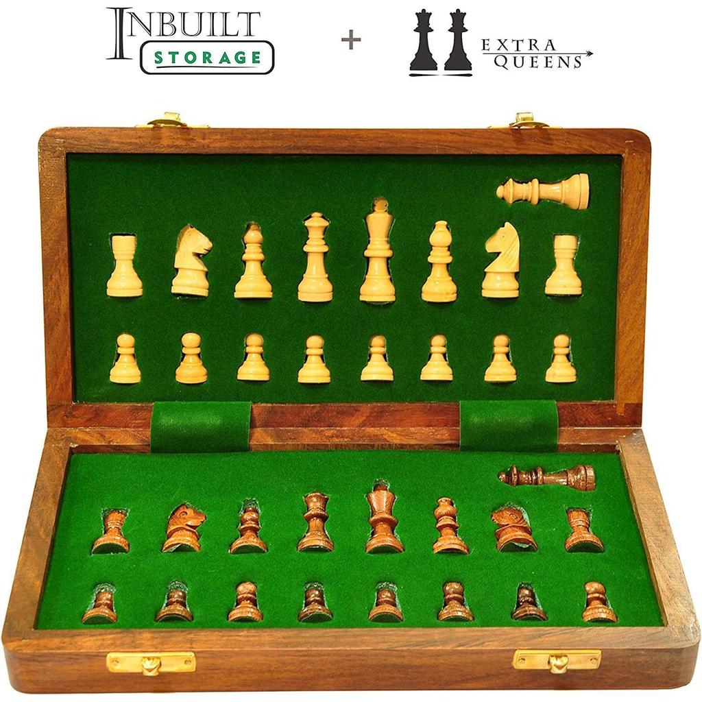 Wooden Handcrafted Foldable Magnetic Chess Board Set with Magnetic Piece and Extra Queens for 2 Players Kids and Adults (10x10 Inches, Brown).