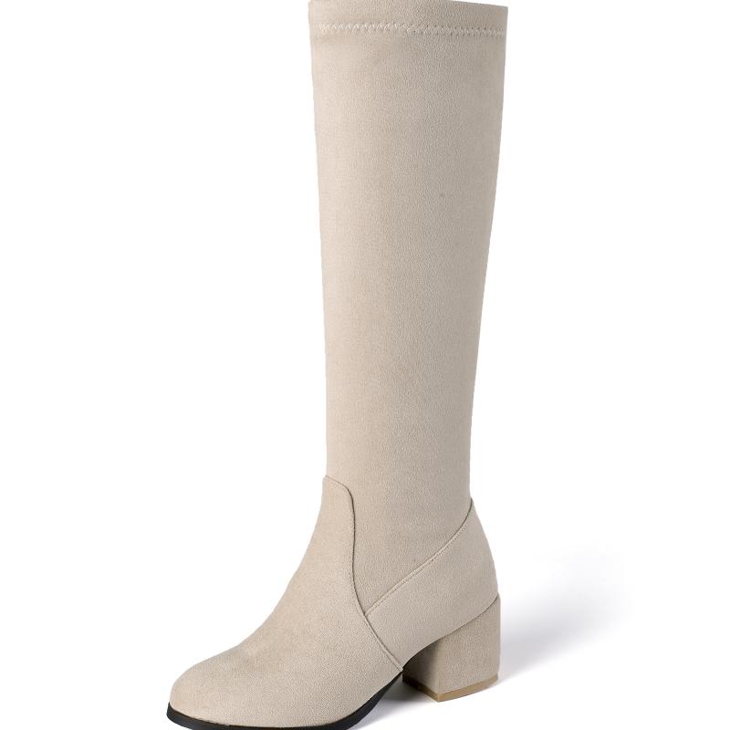 Модные женские сапоги из флока до колена, осенне-зимняя обувь, черные, бежевые, на низком каблуке, длинные, высокие сапоги до бедра, женские меховые туфли, большой размер 48