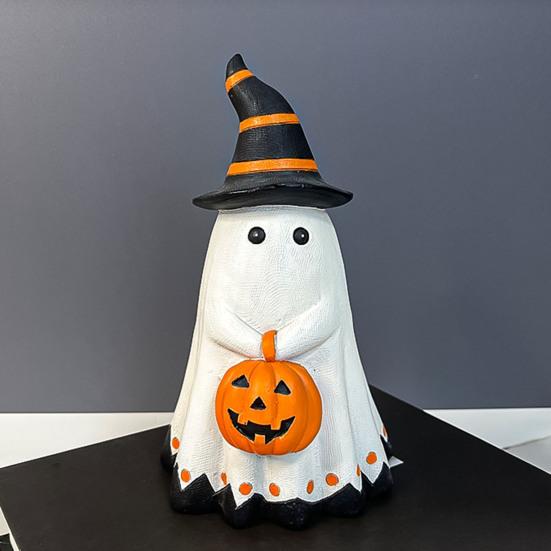 Хэллоуин Статуэтка Привидения Маленькое Белое Привидение с Тыквой Милая Фигурка Привидения из Смолы Настольное Украшение для Внутреннего/Наружного Хэллоуинского Декора