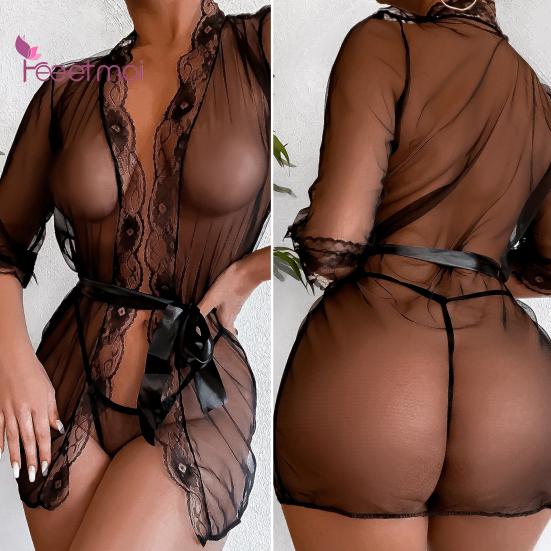 LadyLace Up с открытой передней частью, стринги, стринги для сна, черная сексуальная одежда, сетчатое кружево с цветочным принтом, сексуальное