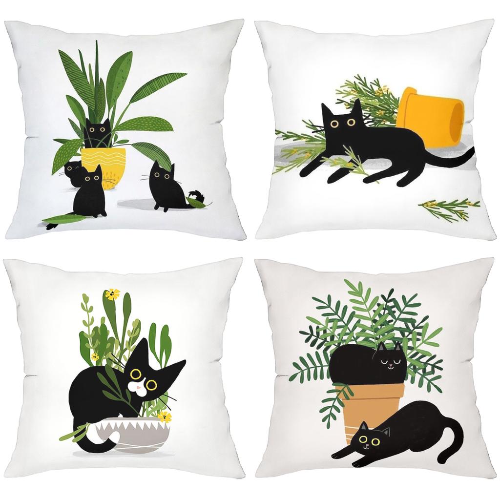 Black Cat with Potted Plants Pattern Decorative Throw Pillow Cover Printed Polyester Sofa Cushion Case for Cute Pet Home Decor