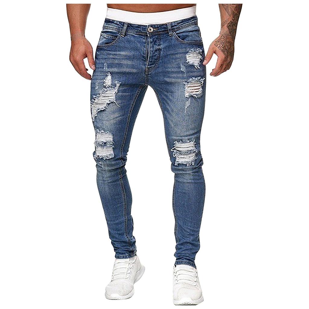 Men Jeans Solid Color Ripped Holes Frayed Gradient Washed Trousers