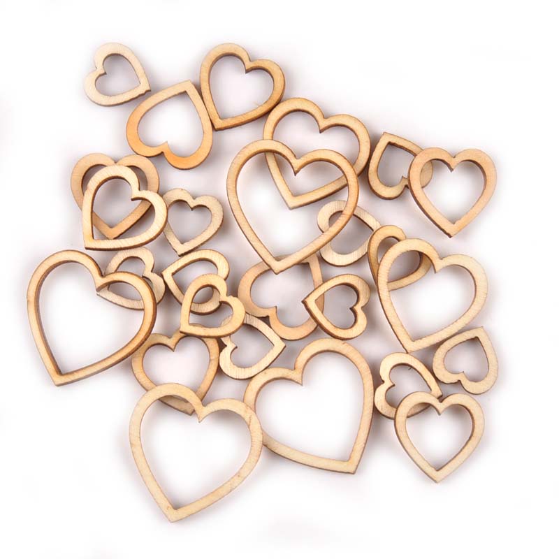 50Pcs Mixed Hollowed Heart Wooden Decoration DIY Scrapbook For Handicraft Home Accessories Wood Crafts Ornaments 30-50mm