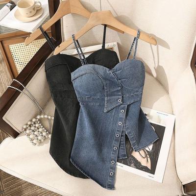 Безрукавные джинсовые топы сексуальные женские летние джинсы майки укороченный топ съемный без бретелек ковбойский корсет бюстье