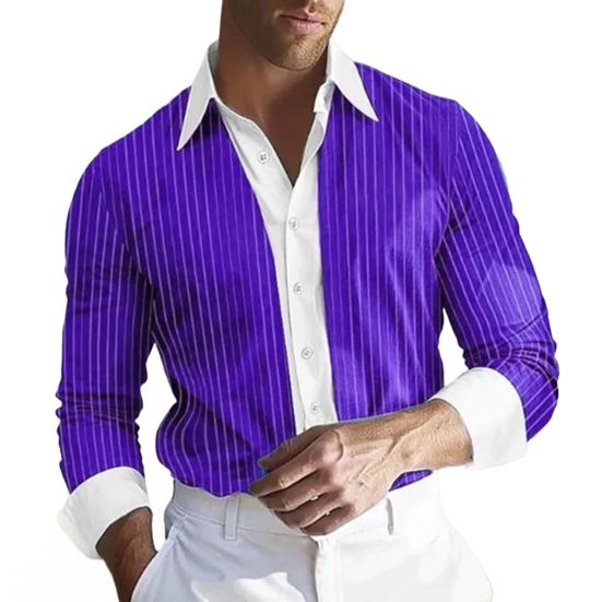 Men Shirt Long Sleeve Lapel Design Shirt Tops with Buttons Placket Striped Print Patchwork Color Work Shirt