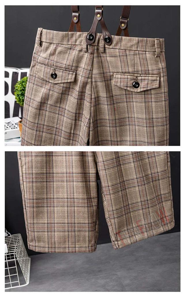 Suspenders Half Pants Shorts Overalls Suspender Pants Half Pants Check Casual [Tenflow] Men's Cjf-72 (Brown, 3XL)