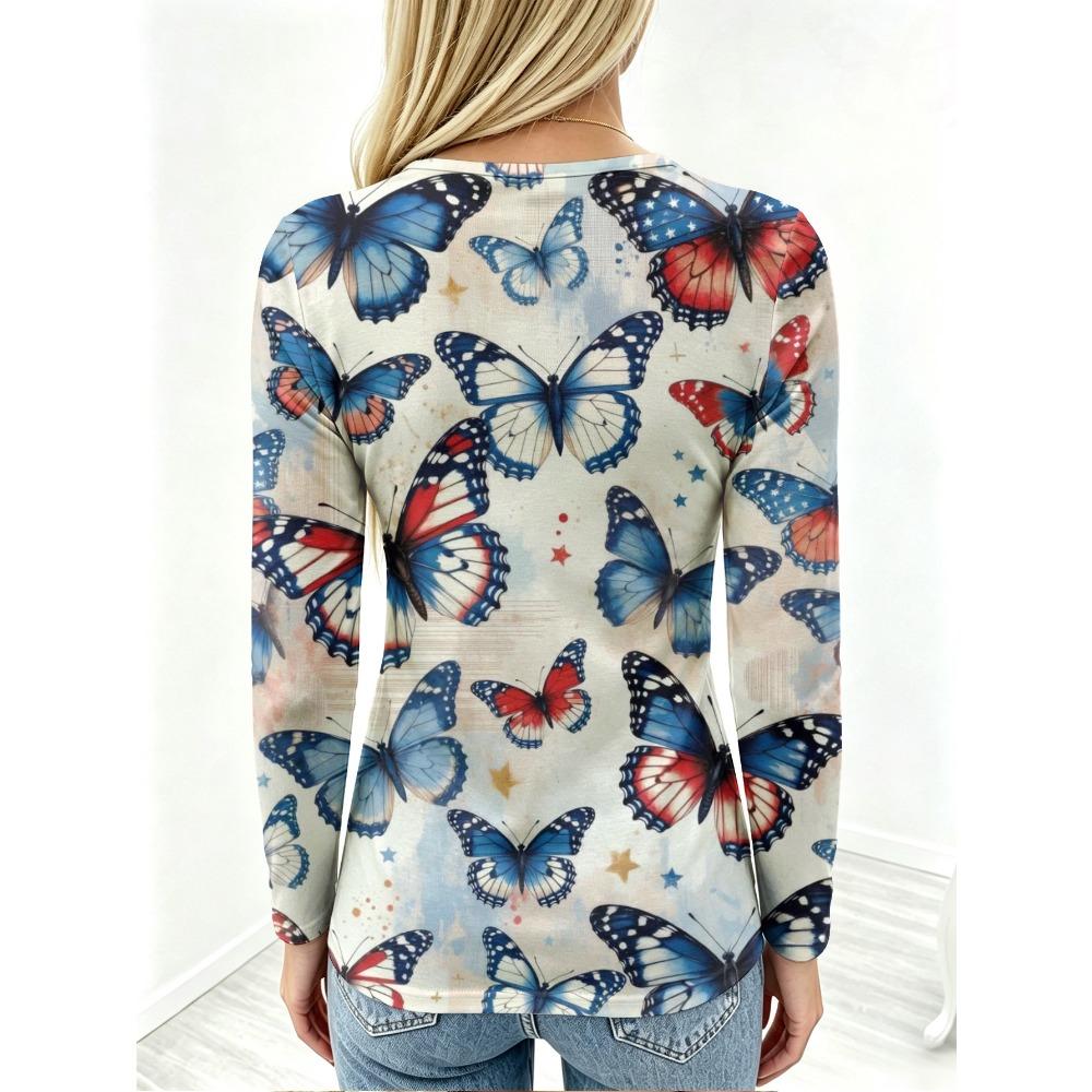 Patriotic Butterfly Women's Crew Neck Half Zipper Long Sleeve T-Shirt