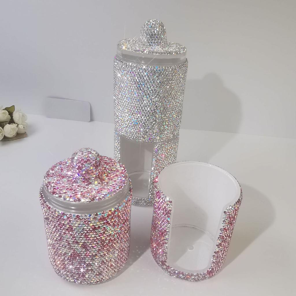 Luxury Acrylic Brush Organizer with Lid Sparkling Rhinestones Cosmetic Makeup Organizer Box Round Storage Container