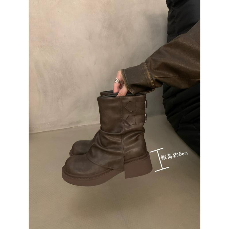 Женские сапоги до середины голени с плиссировкой на платформе, новые толстые сапоги на среднем каблуке, мотоциклетные сапоги, мода, новый тренд, гладиаторы, прогулочные сапоги для женщин