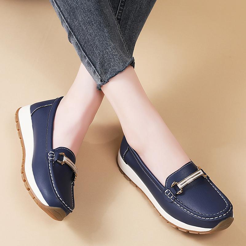 Pacecraft Shoes Women's Cowhide Loafers with Metal Buckle, Comfortable Casual Flat Shoes