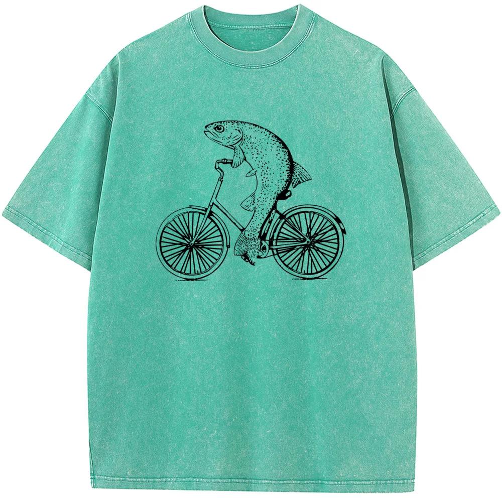 Мужская забавная футболка с короткими рукавами Bicycle Trout, стираная футболка с круглым вырезом, хлопковая футболка с короткими рукавами, отбеленная футболка