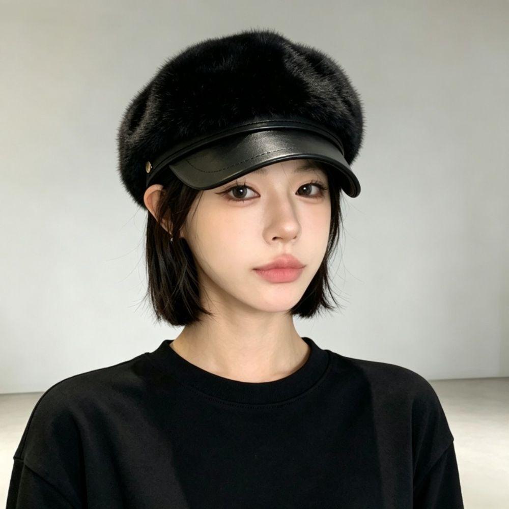 Adjustable Newsboy Cap Faux Mink Fur Navy Hat Vintage Style Faux Fur Hat Winter Daily