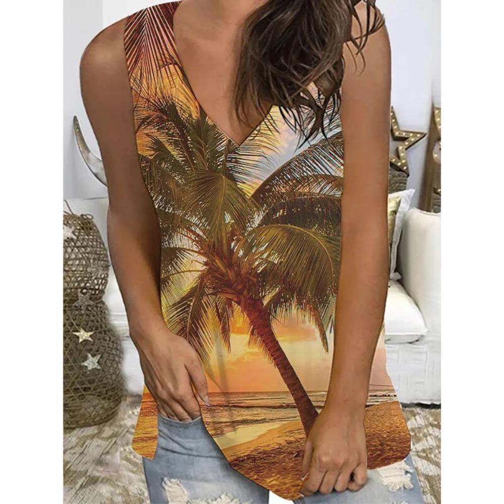 Летние гавайские морские пляжные майки с 3D-принтом, женская мода, уличная одежда, свободный жилет с V-образным вырезом, без рукавов, женская майка