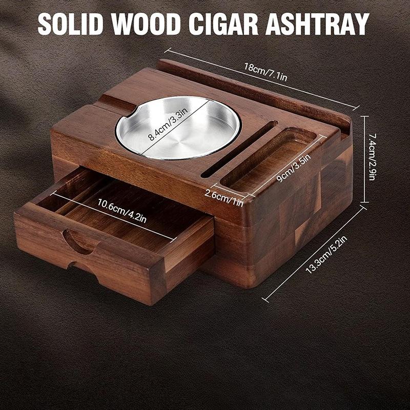 American Style Wooden Cigar Ashtray Box - Solid Wood Drawer Design, Portable Car Ashtray for Cigars, Premium Cigar Accessory