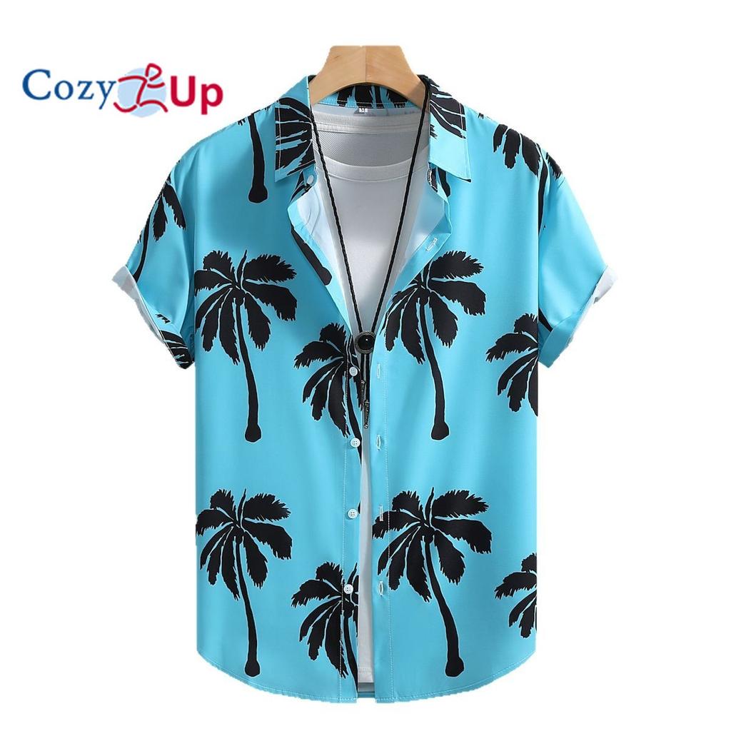 Мужская рубашка с коротким рукавом Lake Blue Big Black Coconut Tree Print, мужская рубашка, лето 2025, новинка