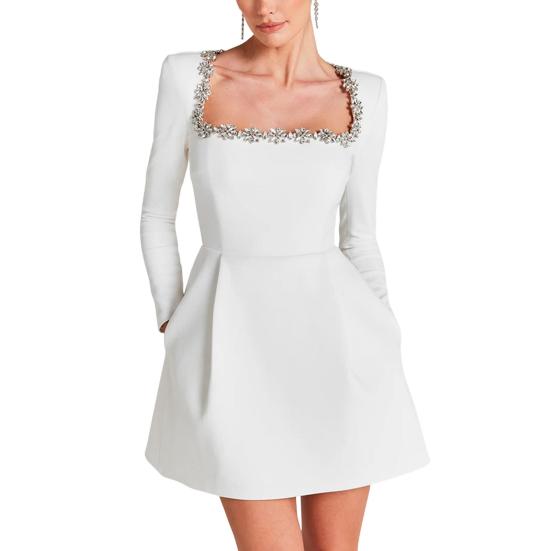 Женское мини-платье с квадратным воротником, длинным рукавом, декором из бисера и цветов, короткое платье с высокой талией и длиной выше колена