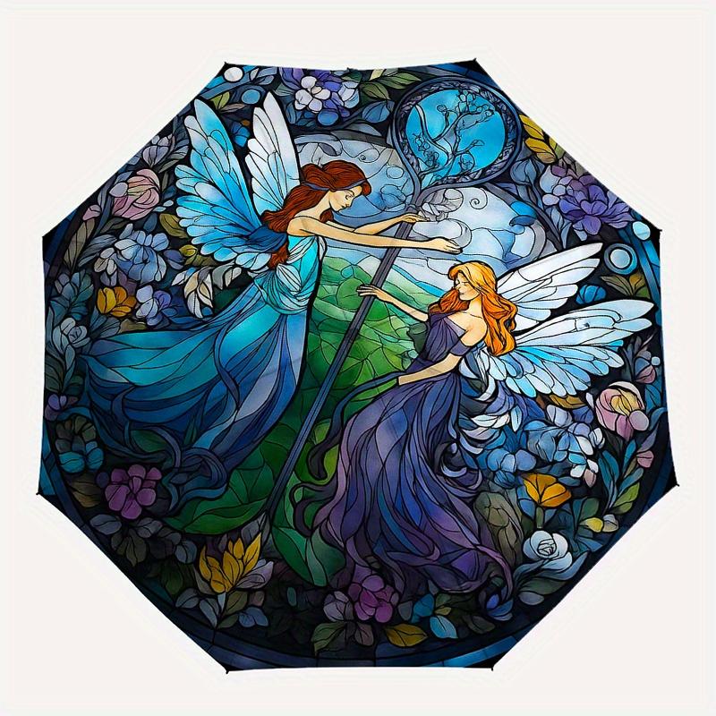 Enchanted Garden Fairy Stained Window PanelUmbrella, Portable 3-Fold Compact Umbrella for Men & Women Gift