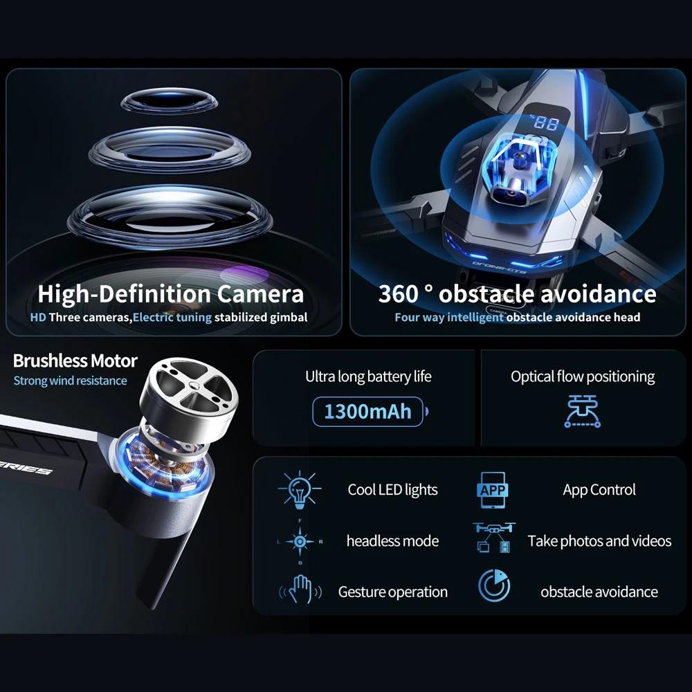 2025 New GT8 HD Triple Camera Drone Remote Control Toy Obstacle Avoidance Brushless Motor Foldable FPV Wifi Quadcopter Gift