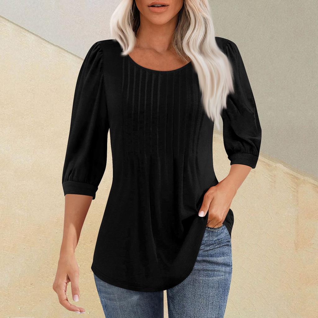 Женская мода плиссированная футболка с круглым вырезом и семью рукавами, повседневный однотонный топ